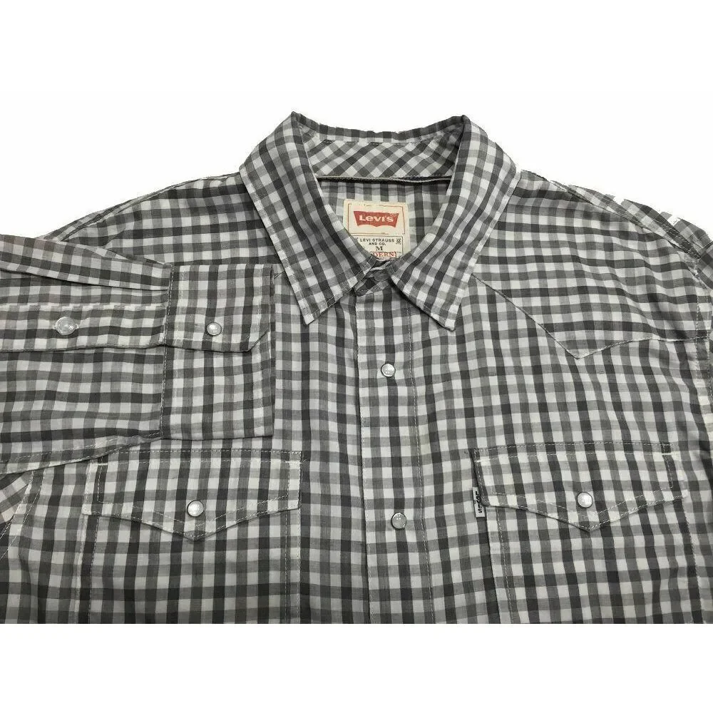 Levis Western Pearl‎ Snap Shirt M Modern Gray White Plaid Cowboy Mens